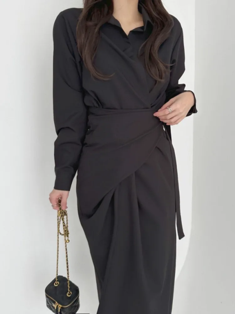 Faionable Long Crossbody Wrap Gürtel Irt Kragen Dr Ele Sle Koreanisches Design Frühling Herbst Saison Damenbekleidung