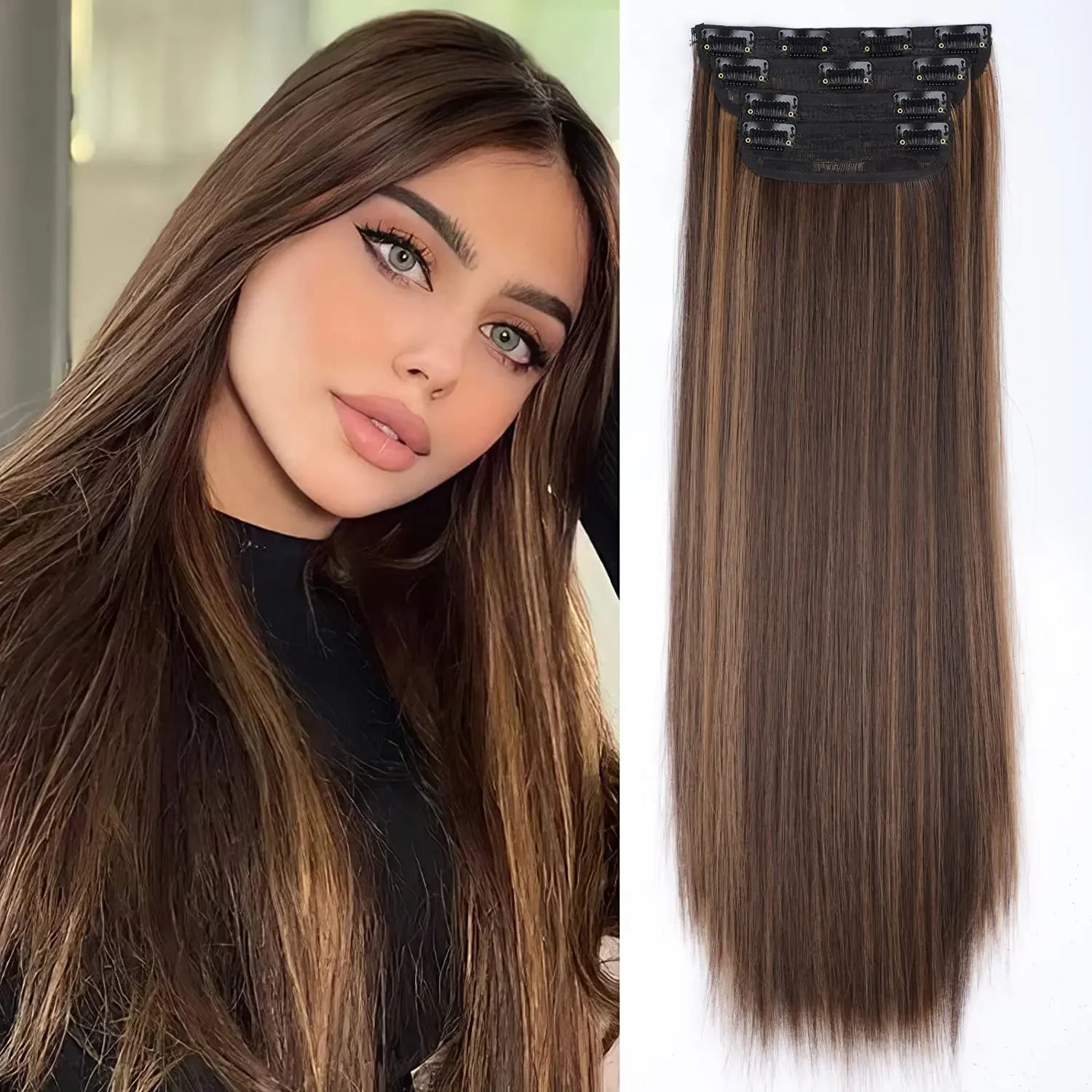 

Synthetic Brown Blonde Clip Ins Hair Extension for Women 4PCS Thick Hairpieces 24inch Clip in Hairpiece Women Clip On Hairpicecs