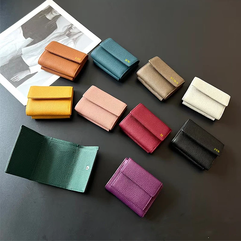 Cow Leather Luxury Short Wallet Woman Folding Fashion Multi-function Card Holder Custom Letters Lady Casual RFID Coin Purse Gift