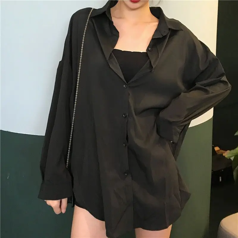 Blusa Vintage negra que combina con todo para mujer, camisa holgada lisa de manga larga con cuello tipo Polo, Tops informales de calle, ropa de