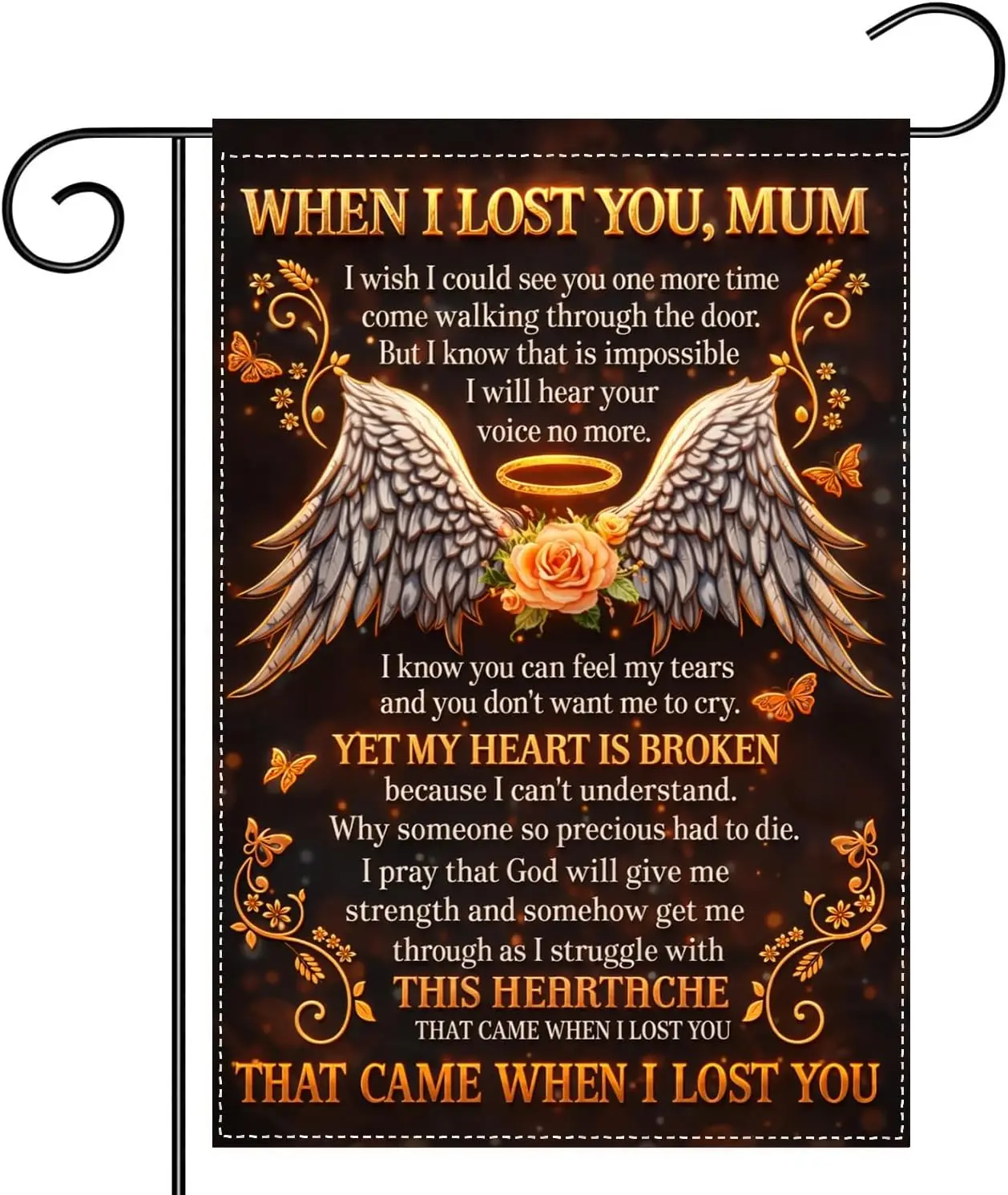 Memorial Garden Flag for Mom 12x18 Inch Double Sided | Angel Wings Design, Rose Memorial Theme, Sympathy Tribute Accent, Rem MMZ