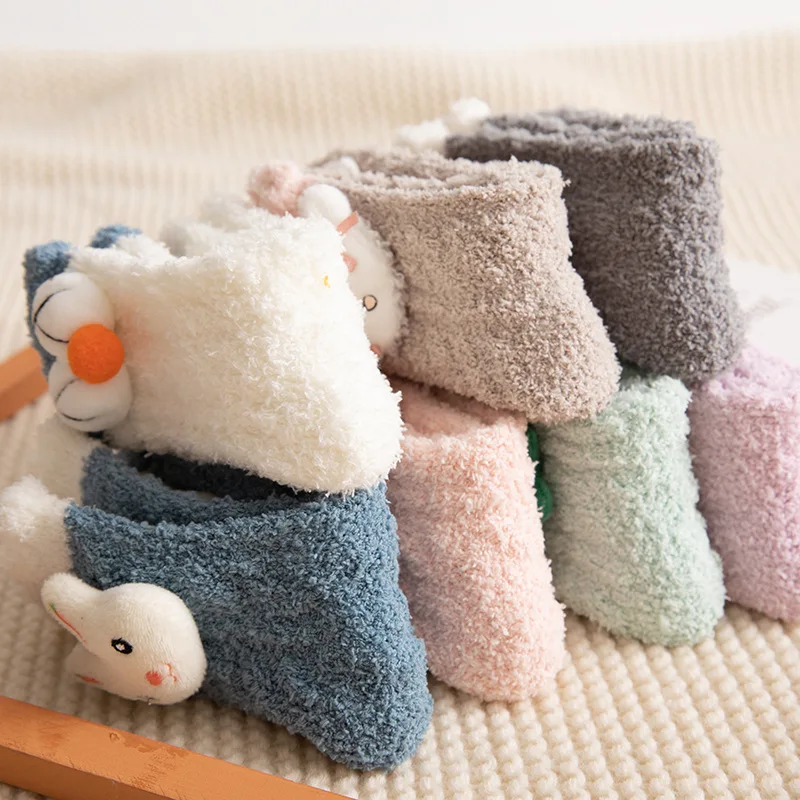 4 pairs thick and warm coral fleece mid tube socks cartoon three-dimensional dolls cute sleeping socks soft home floor socks