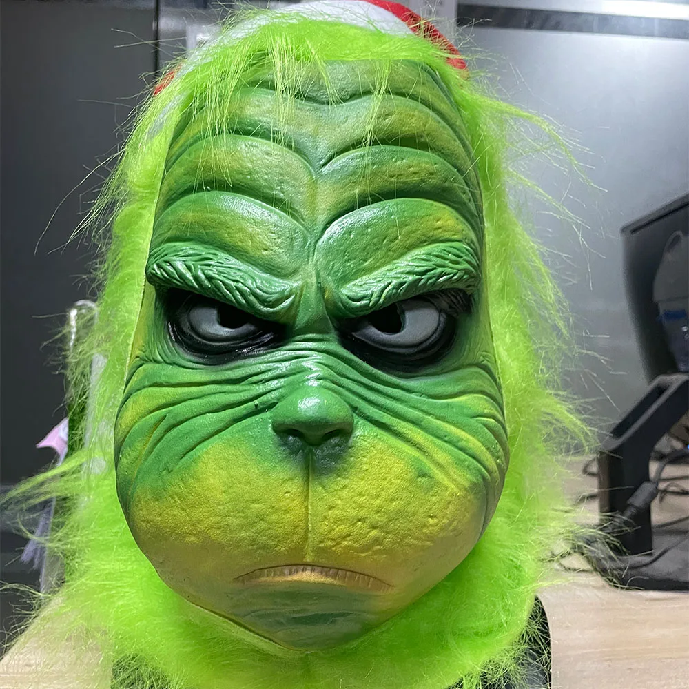 Halloween Hot Sale New Christmas Easter Horror Mask Geek Grinc Latex Mask Hood Cosplay Green Hair Monster Grinch Glove Props