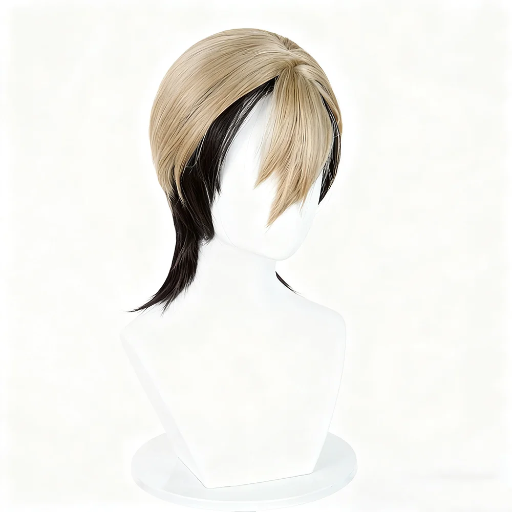 Anime GACHI AKUTA Zanka ‌   Perruque de Cosplay synthétique pour hommes adultes, cheveux courts noirs dorés, résistants à la chaleur, accessoire d'halloween