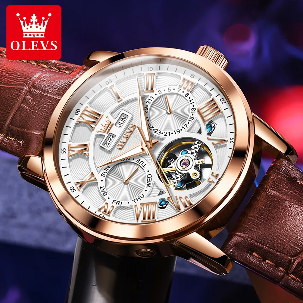 OLEVS Mechanical Watch for Men Dual Calendar Date Week Clock Skeleton Waterproof Leather Strap Men\'s Wristwatch Automatic Watch