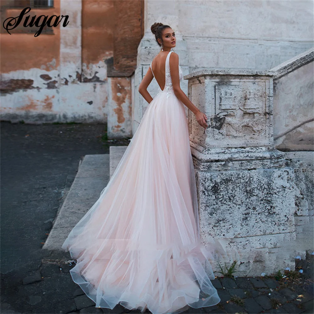 Robe de mariée princesse rose avec appliques en dentelle, robe de mariée A-ligne, robe dos nu en tulle, robe de mariée Boho