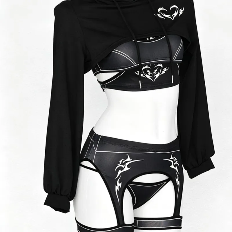 Gothic Dark Hollow Out Hoodie Set Camisole Top Shorts Underwear Game Anime Uniform Mecha Combat Outfits Assassin Cosplay Costume