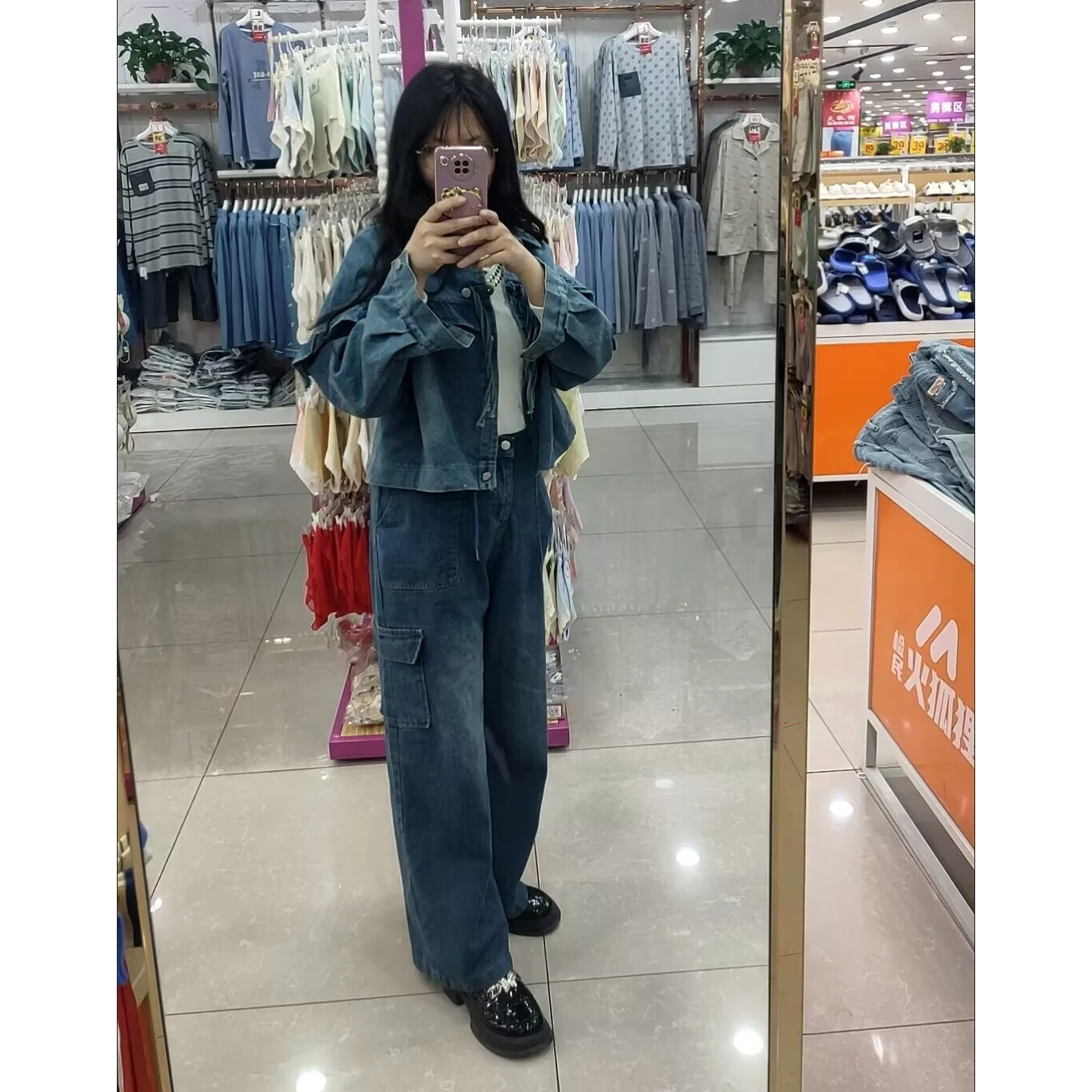 

2025 Women Leisure Loose Denim Two Piece Set Korean Lady Cowboy 2PCS Spring Autumn Female Fashion Tied Bow Tie Jeans Tops Pants