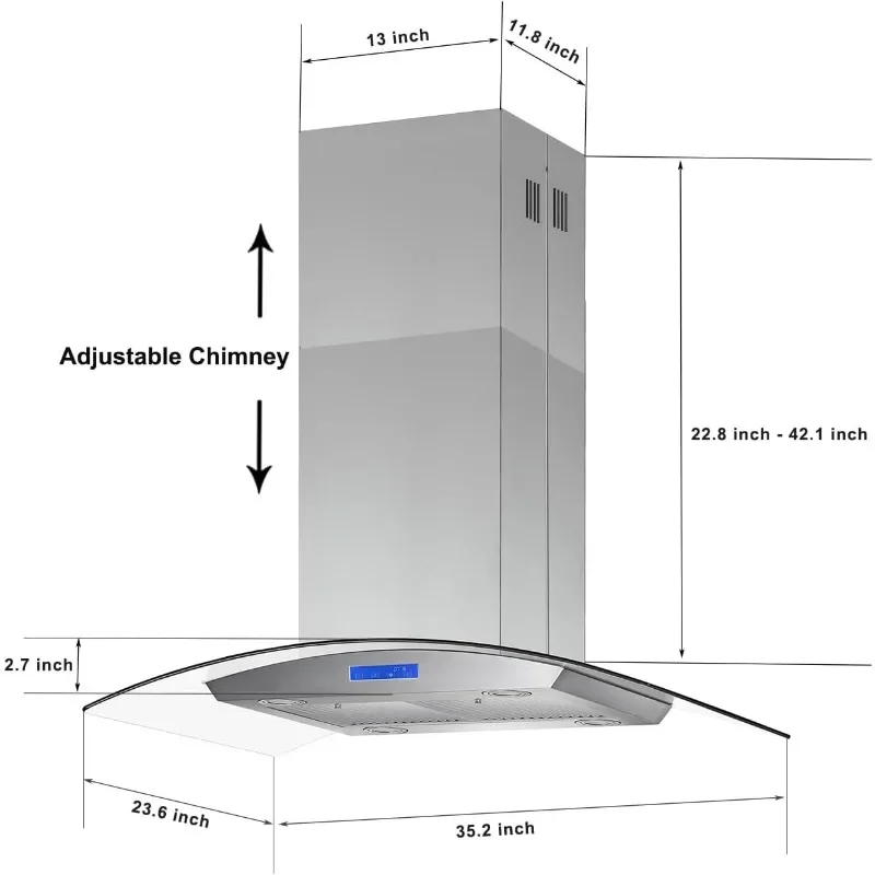 Island Range Hood 36 inch 700 CFM Ceiling Mount Kitchen Stove Hood Ducted with Tempered Glass 4 LED Lights