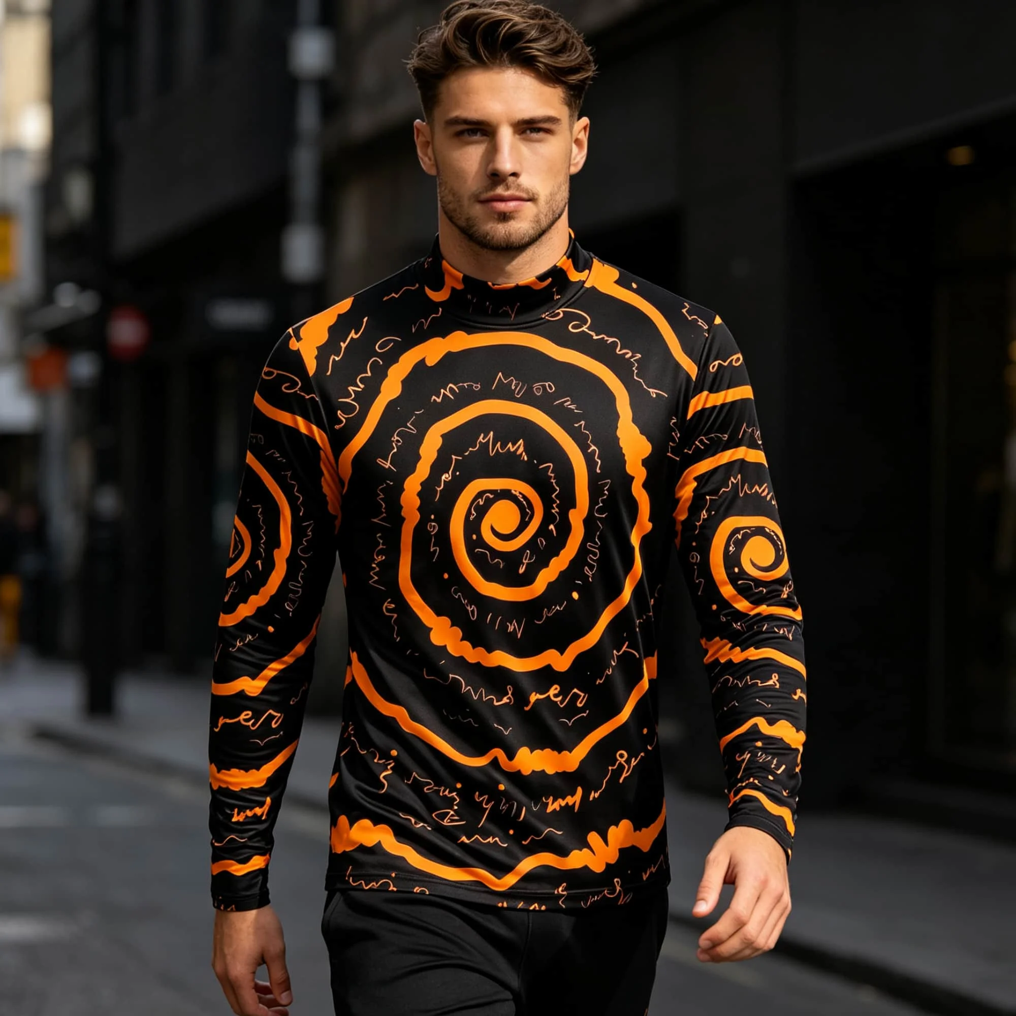 Artistic Hand‑Scribble Men Long Sleeve Pullover Bold Orange Swirl Circle Print Breathable Slim Casual Street Style Shirts