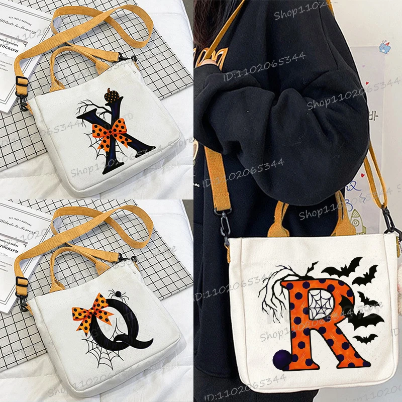 

Сумки на плечо с буквенным принтом A-Z на Хэллоуин, милые сумки в стиле аниме, ведьма, тыква, номер 0-9, сумки для мужчин и женщин, квадратная сумка через плечо, подарки