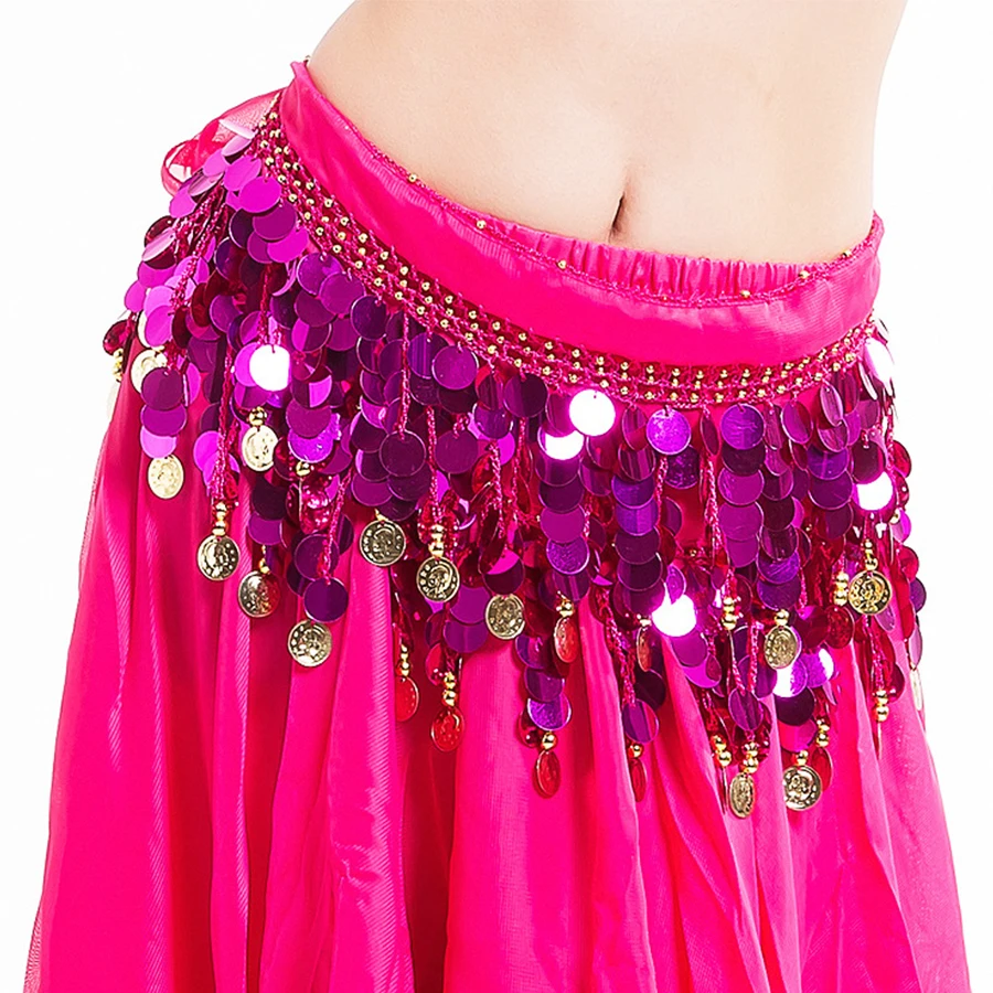 Lila Pailletten-Hüfttuch für den Bauchtanz mit goldenen Münzen, glänzender Fransen und elastischem Bund, geeignet für Tanzaufführungen und Workouts. – Detail 28