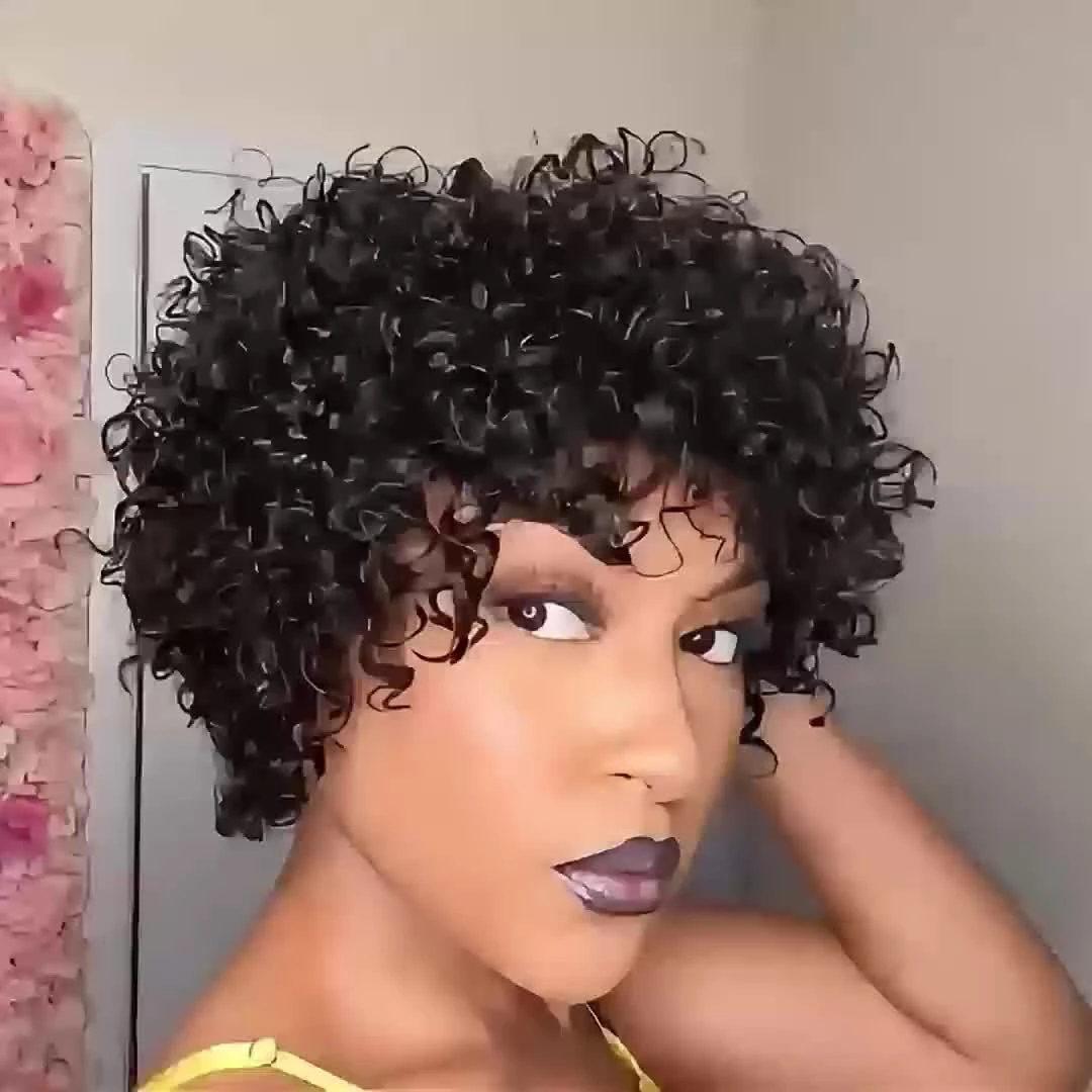 アフロ縮れ毛ウェーブウィッグ　密度150%　6インチピクシーカット　アフロ縮れ毛人毛ウィッグ　女性用　総マシンメイドウィッグ