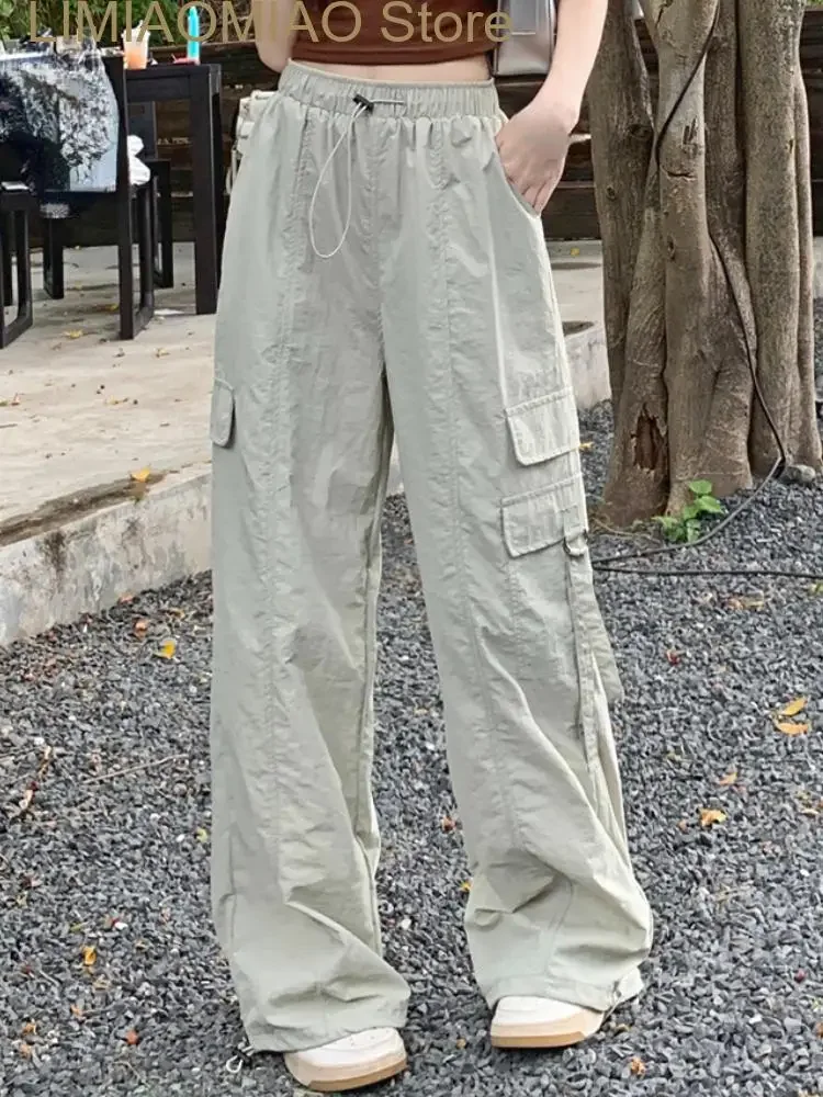 

New Summer Fashion Cargo Pants Women Strappy Korean Style Vintage Baggy Pants Female Elastic Band Designer Casual Pants