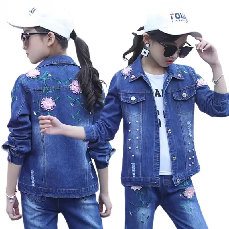 Baby Girl Cowboy Suits 2021 Kids Clothing Set 4 6 8 10 12 14 Years Girls Cotton Casual Denim Jacket + Jeans 2pcs Flower Outfits