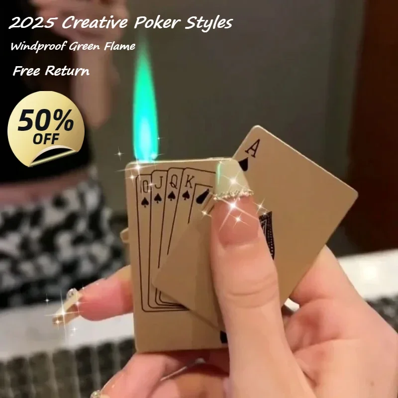 

2025Creative Poker Ace of Spades Lighter Butane Windproof Straight Metal Lighter For Men's Gift Fun Toy Cigarette Accessories