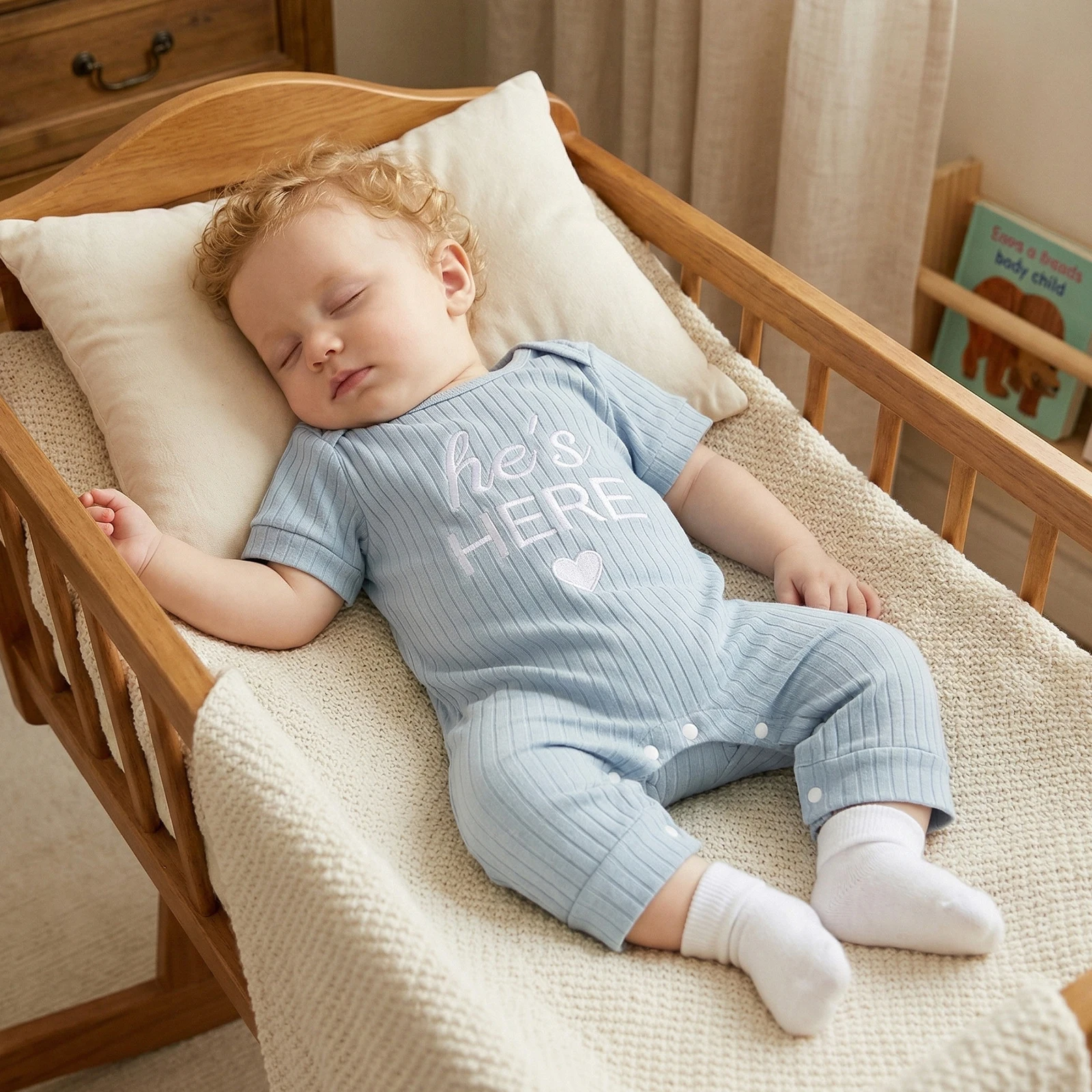 Baby Boy Summer Ribbed Jumpsuit Short Sleeve Round Neck Letter Print Casual Romper