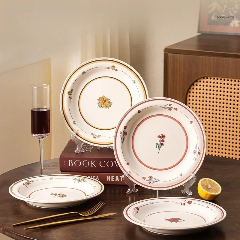 

Vintage Floral Ceramic Dinner Plate Handmade Underglaze Color Western Dish Set for Steak Dessert Breakfast