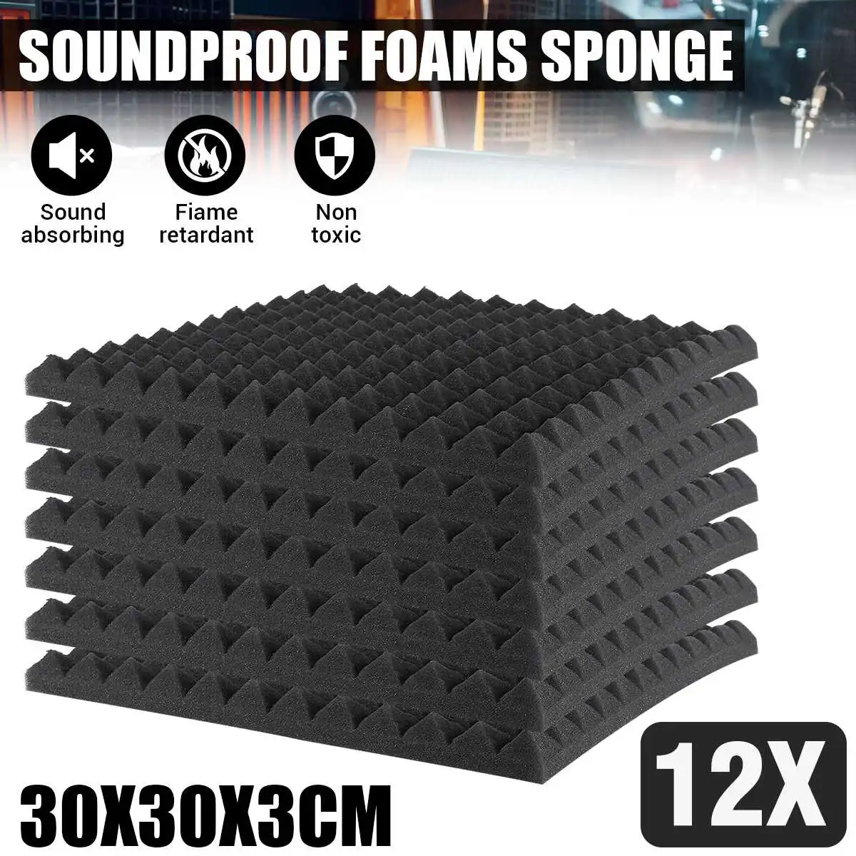 12pcs Black Studio Acoustic Soundproofing Foam 30*30*3cm  Sound Absorption Pyramid Studio Treatment Wall Panels DIY Decor