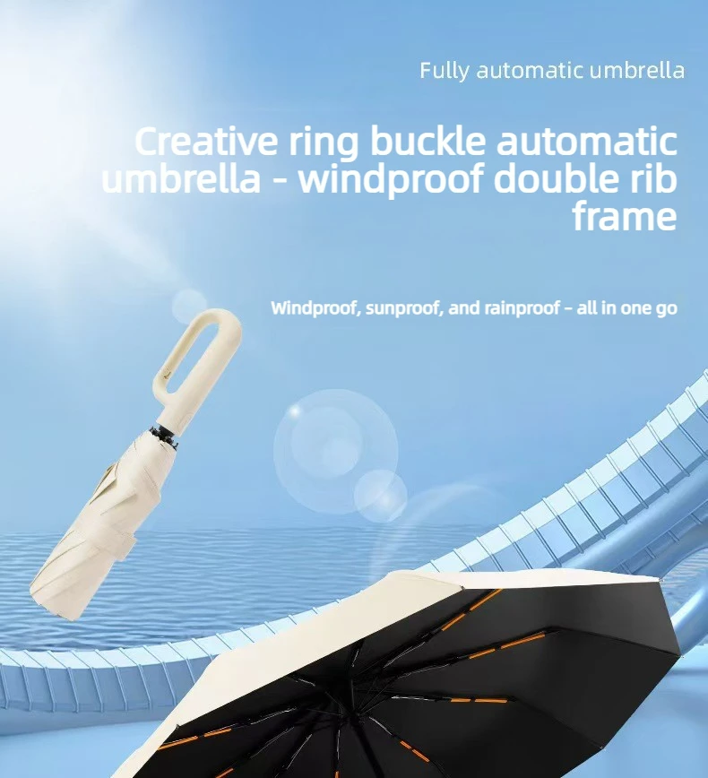 Ring-Schnallen-Design 20-Rippen Vollautomatischer Regenschirm für Herren Faltbarer Extra Großer Starker Sonnenschutz Doppelschirm für Damen – Detail 13