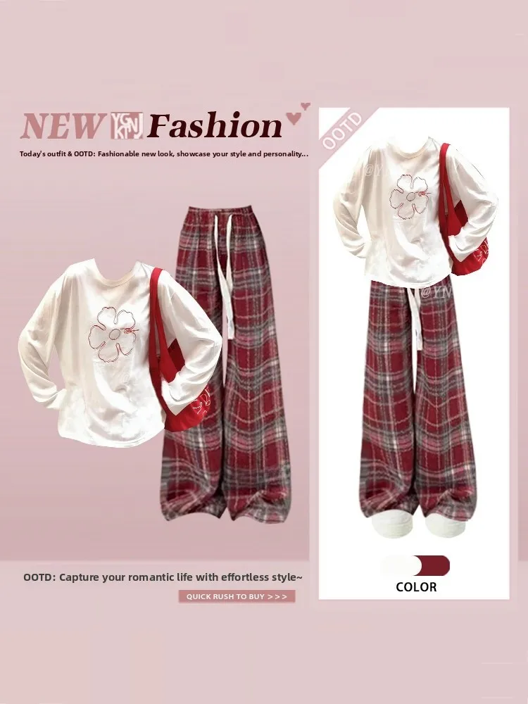 

Loose Long Sleeve round Neck Floral Cartoon Pattern T-Shirt Wide Leg Casual Pants Two Piece Set Spring Season Women's Fashion