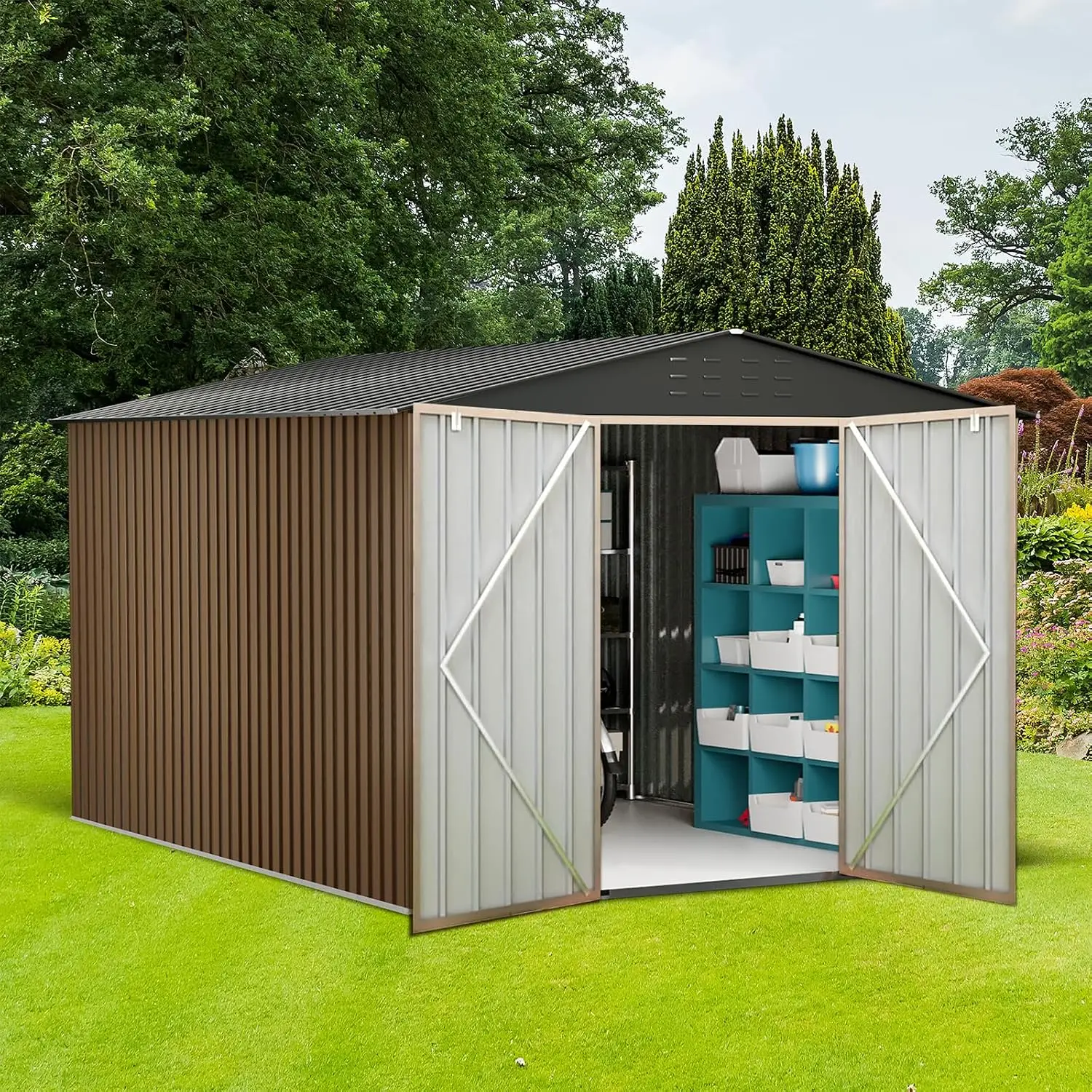 10x12 Ft Outdoor Storage Shed, Large Metal Storage Sheds with Updated Frame Structure and Lockable Doors, Garden Tool, Custom