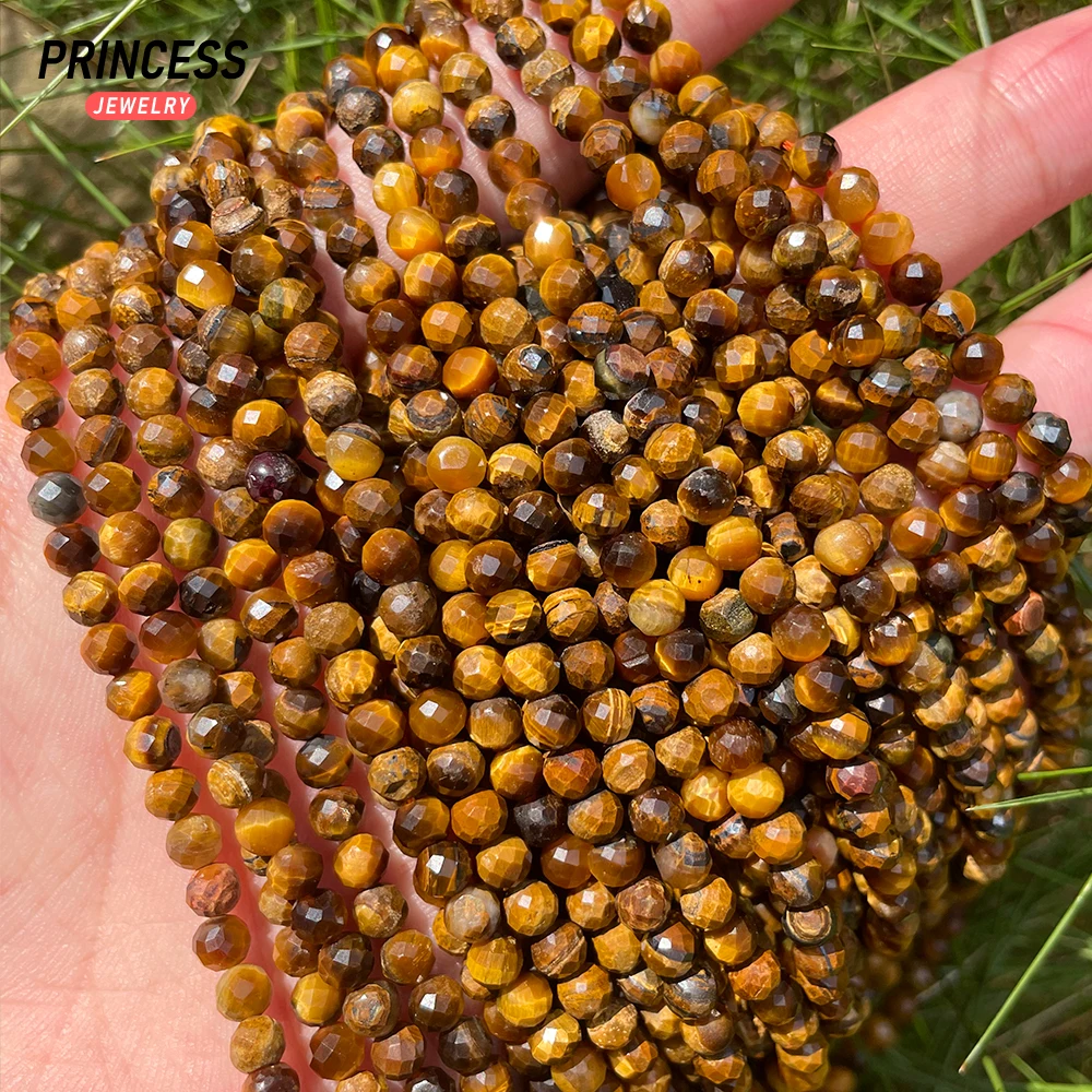 A+ Natural Yellow Tiger Eye 2 3 4mm Faceted Beads Loose Gemstone Beads for Jewelry Making Bracelet Needlework DIY Seed Beads