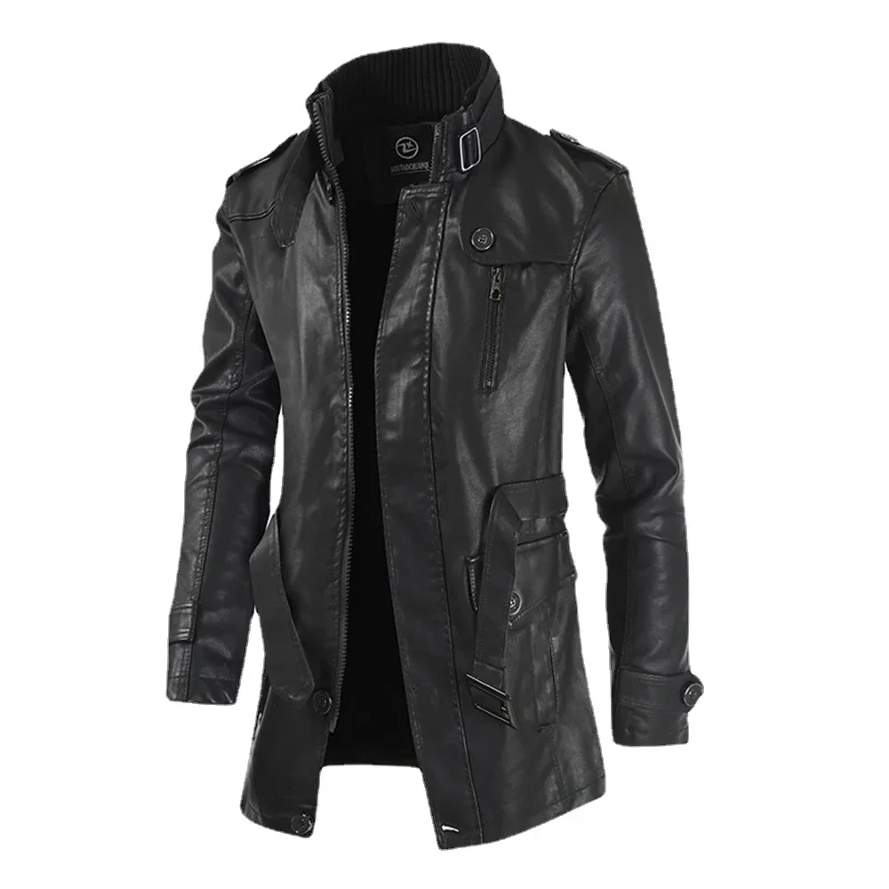 New High Quality Long Leather Jacket Men's Street Windbreaker Coat Men Leather Clothing Thick Jacket Fleece Men Casual PU Jacket