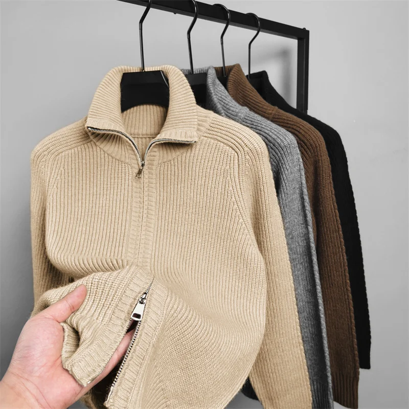 Luxury Autumn and Winter Men\'s Solid Color Classic Lapel Design Business Zipper Cardigan Korean Style Knitted Sweater Jacket