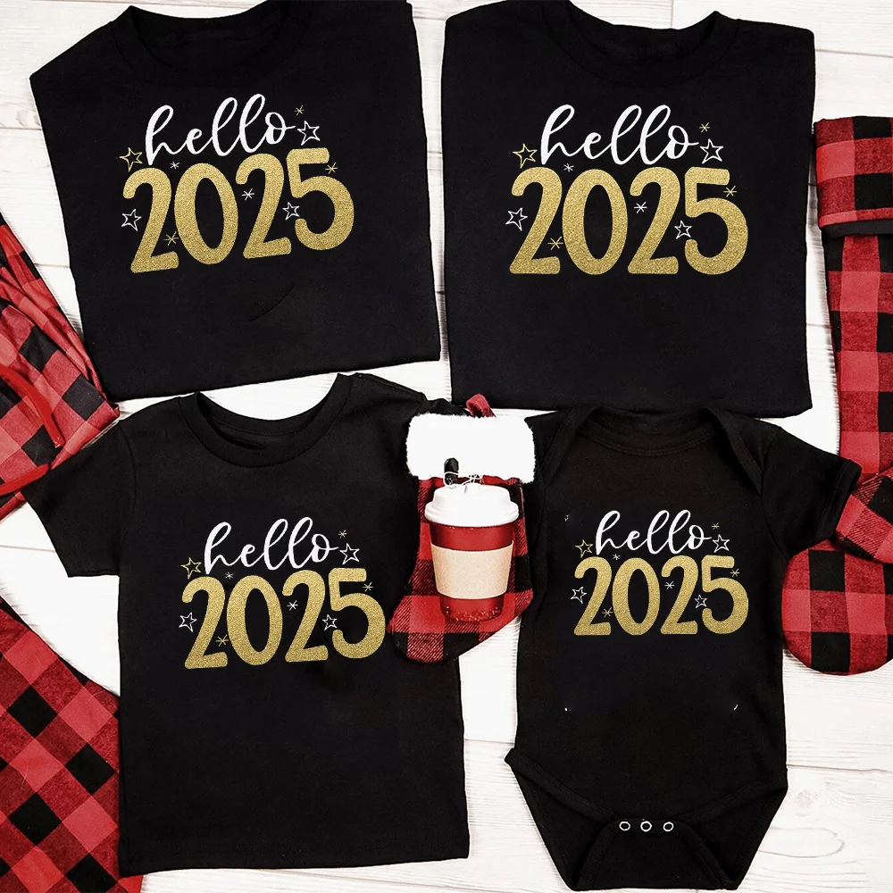 Hello 2025 Happy New Year Family Matching Outfits Dad Mom Kids Shirt Baby Bodysuit Family T-shirt Holiday Clothes