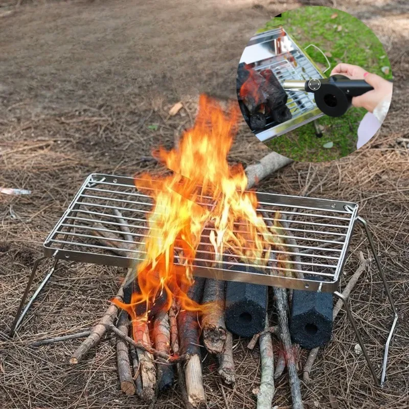 

Portable Stainless Steel Cookware BBQ Grill With Blower Foldable Camping Stove Stand Beef Grill Accessories For Outdoor Picnic