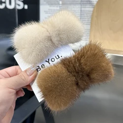 Luxury Real Mink Fur Hair Larg Bowknot Hairpin Side Clip Net Red Cute Plish Fur Headdress Shiny Hair Scratch Accessories Gifts