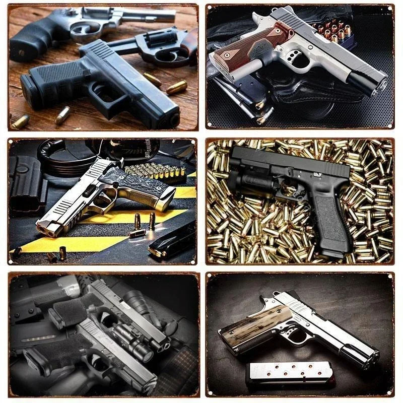 HD Tin Sign Vintage Firearm & Ammo Wall Decor - Retro Pistol Revolver Gun Metal Poster for Man Cave Gun Room Decor