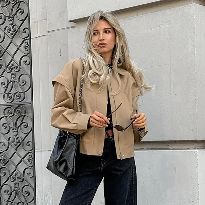Womens Khaki Trench Utility Bomber Jacket Lapel Collar Loose Fit Design 2026 New Spring Fall Casual Chic Trendy Outerwear Classy