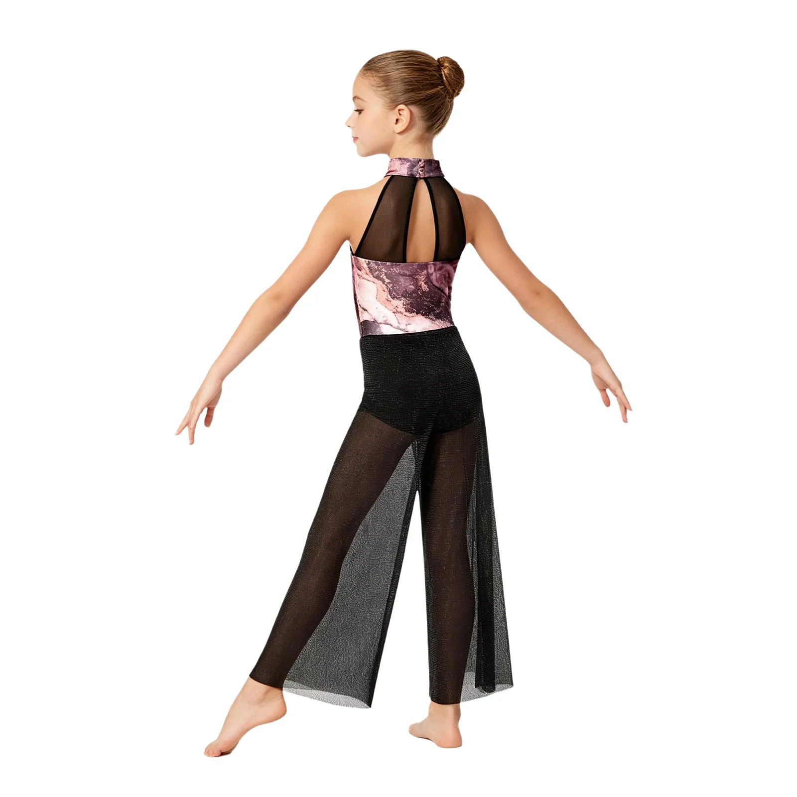 

Girls Lyrical Dance Gymnastics Jumpsuit Sleeveless Printed Patchwork Split Pants with Built In Briefs Leotard Ballet Costume