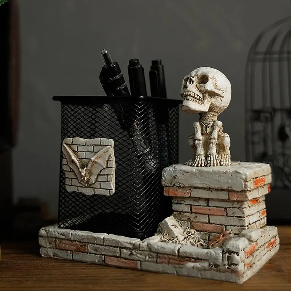 Skeleton Pen Organizer Spider Skull Pen Holder Spooky Halloween Skeleton Pen Holder with Tombstone Spider Resin for Desk