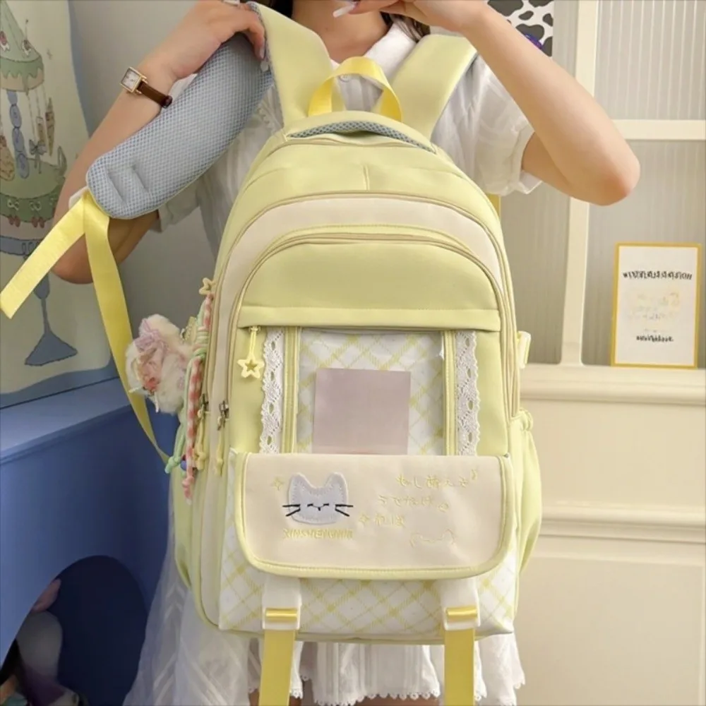 Casual Nylon Hollow Lace Backpack Color-blocked Cute Large Capacity School Bag Durable Transparent Cat Plaid Backpack College