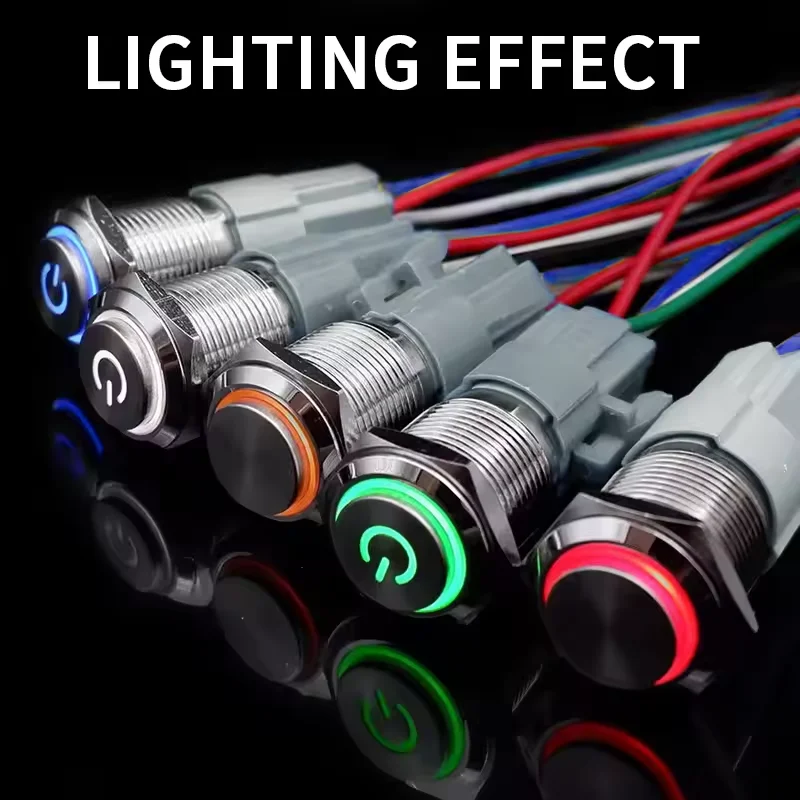 

16 19 22mm HIGH HEAD With Wire Waterproof Metal Push Button Switch LED Ring/Power Light Momentary Latching 5/12/24/220V 1NO1NC
