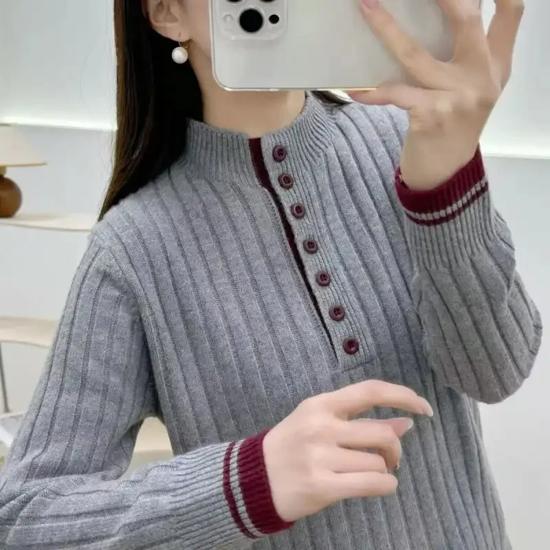 Pulôver feminino meio aberto cor bloqueada estilo ocidental camisola de malha cor contrastante versátil topo