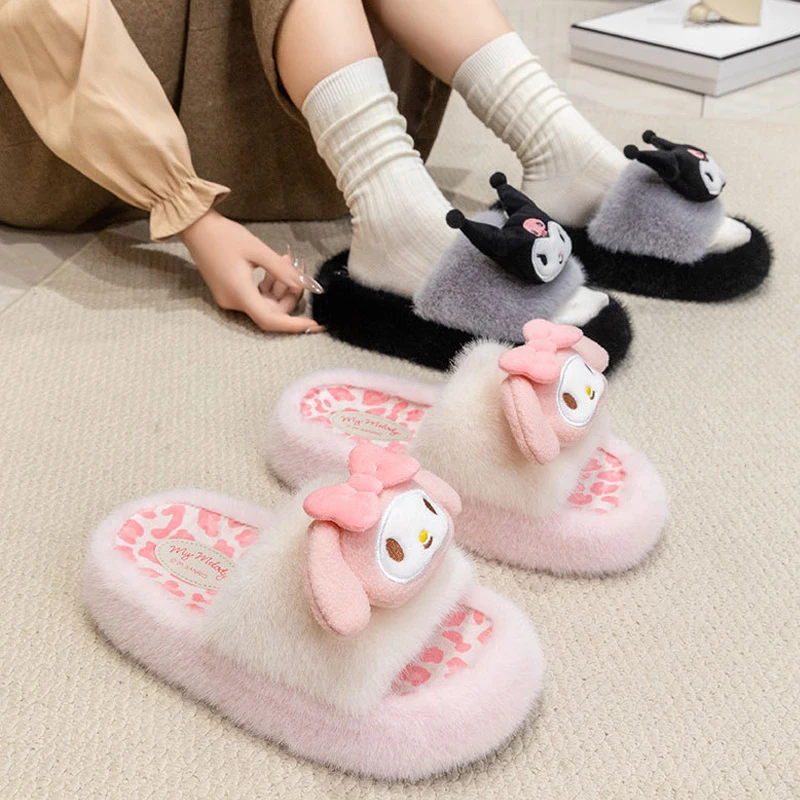 Pantuflas Cálidas de Felpa Kuromi, Cinnamoroll, Pompompurin, Dibujos Animados de Sanrio, Anime, My Melody, Kuromi, Pantuflas Gruesas de Invierno para el Hogar