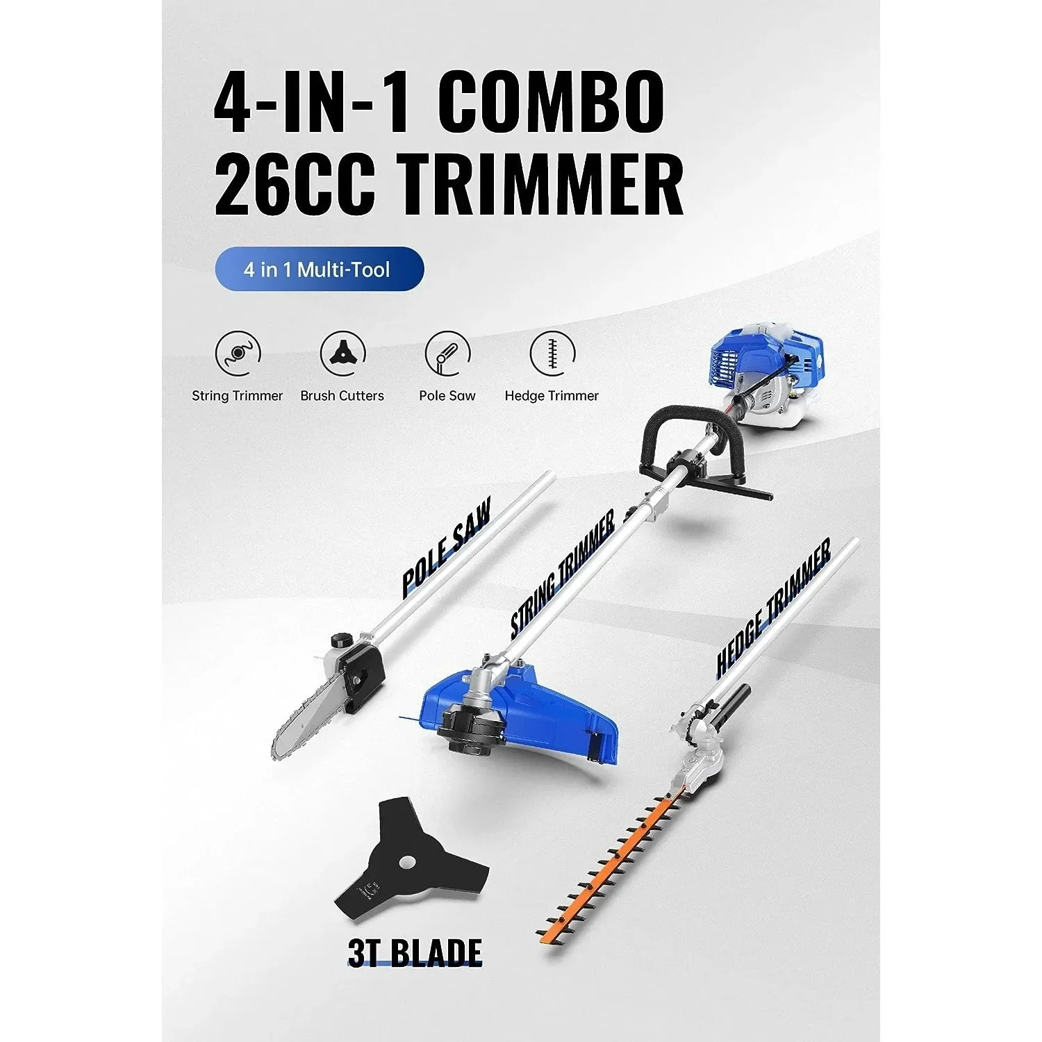 26cc Weed Wacker Gas Powered, String Trimmer/Edger, Pole Saw, Hedge Trimmer and Brush Cutter Blade, 4-in-1 Multi Yard Care Tools