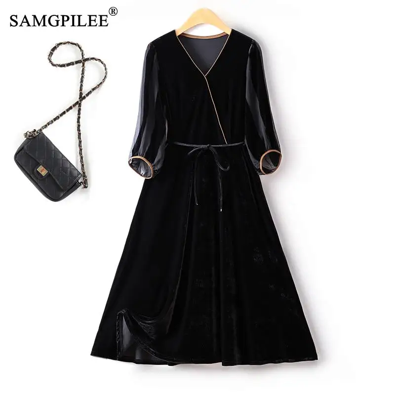 

European Retro Women Dresses Over The Knee V Neck Chinese Style Slim Large Swing Velvet Drape Three Quarter Sleeve Female Dress