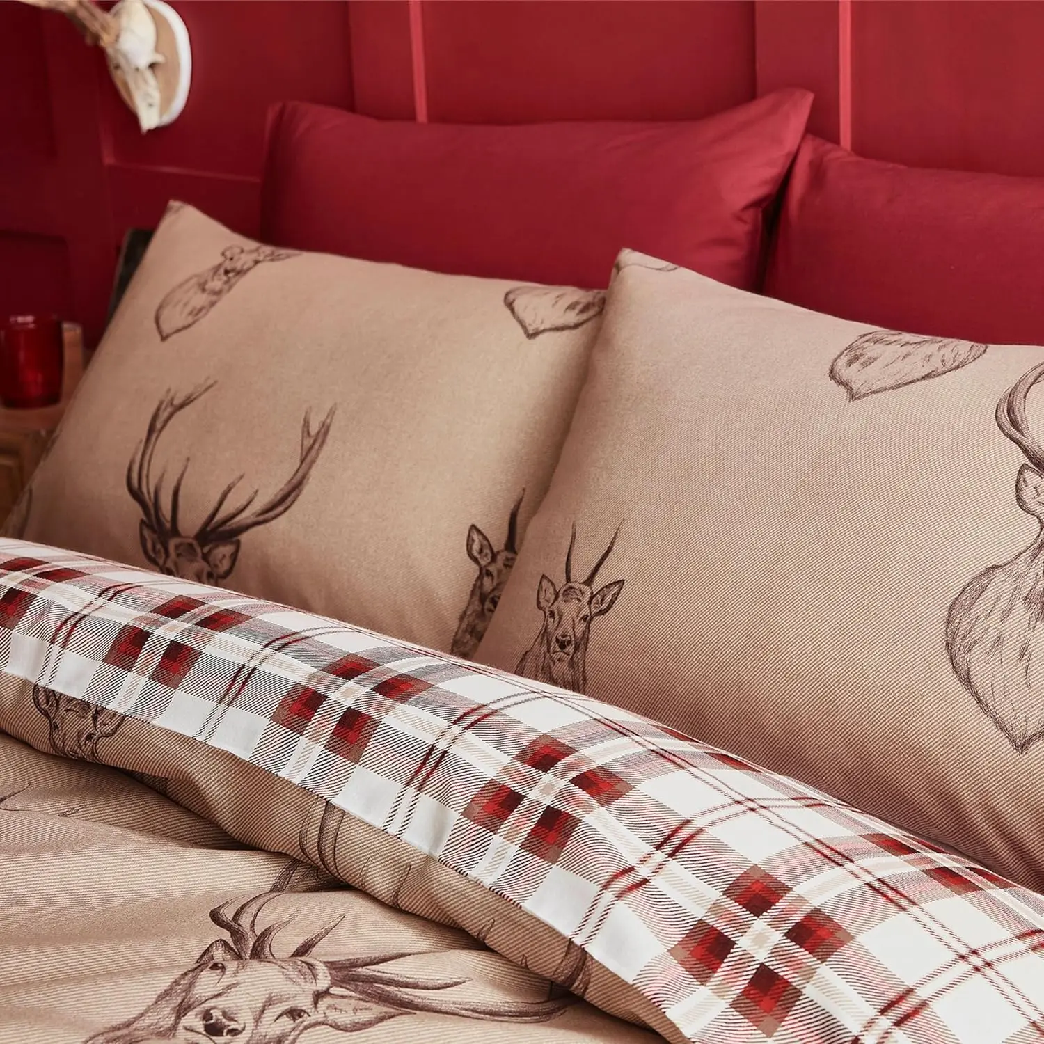 Check Reversible King Duvet Cover Set with Pillowcases Reindeer Plaid, Double-sided Printing, 100% Polyester,Queen King Size