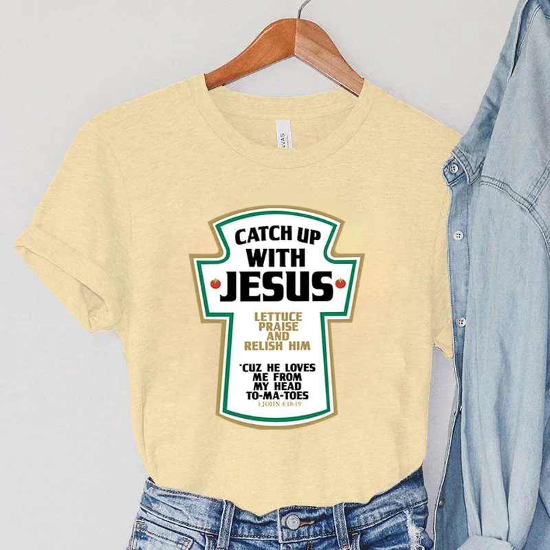 Catch Up with Jesus Women T-Shirts Vintage Bible Verses Female Tops Harajuku Christian Parody Short Sleeve Women\'s Clothing