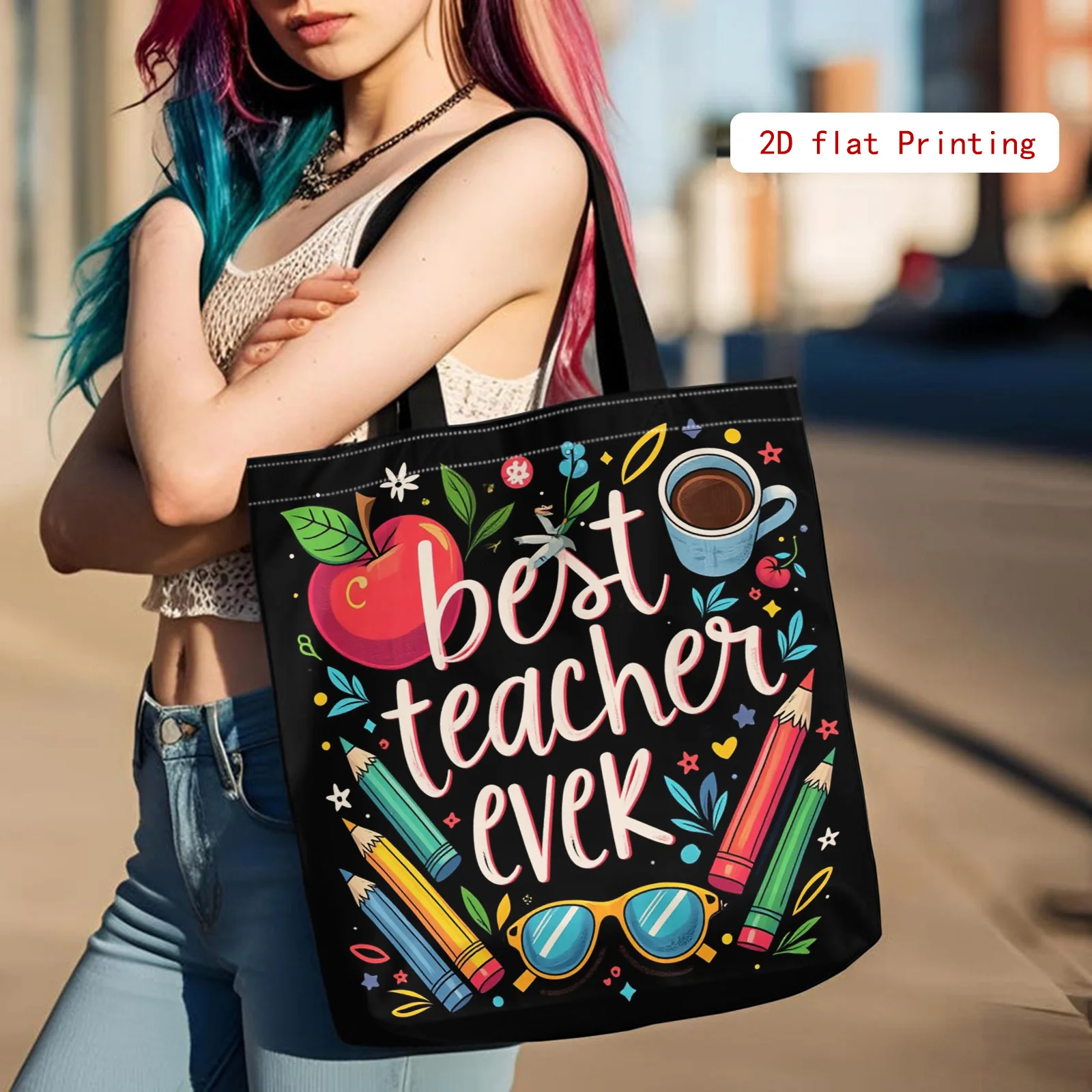 

Женская большая вместительная сумка — образовательный дизайн учителя и учеников с принтом школьных принадлежностей, надпись «Лучший учитель на свете»