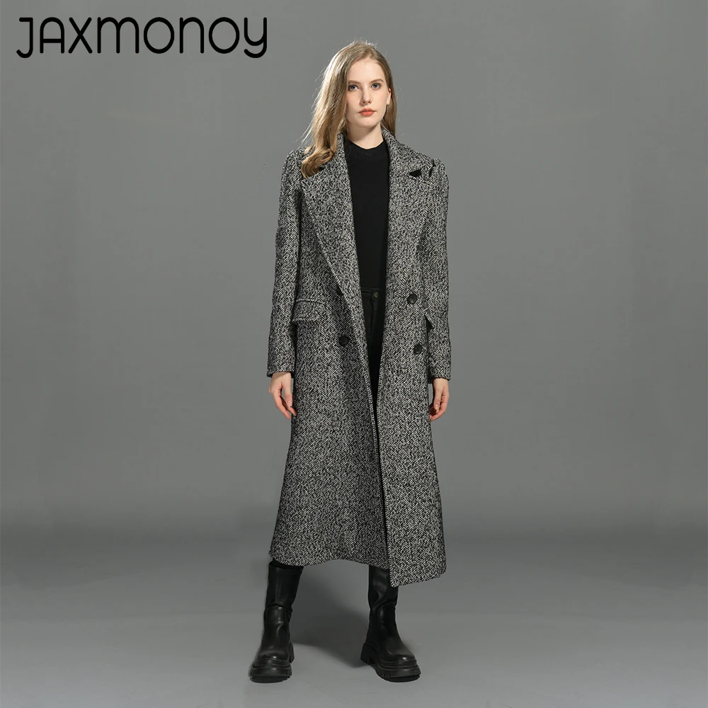 Jaxmonoy Women's Woolen Coat Ladies Long Style Full Sleeves Warm Tweed Wool Coats Autumn Winter Loose Overcoat 2024 New Arrival