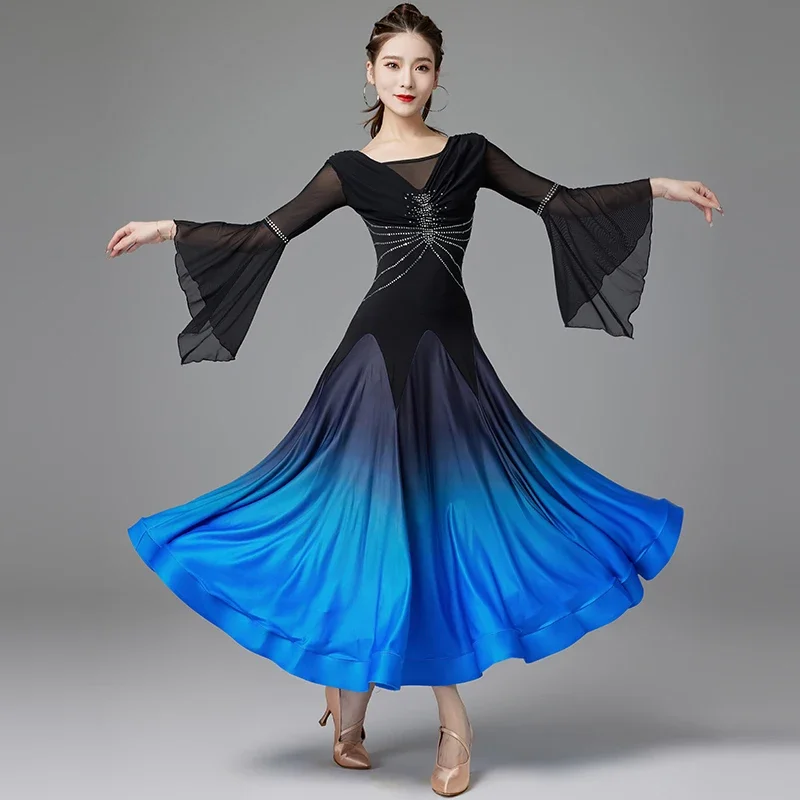 

2024 new waltz ballroom dance ruffled long sleeve long sleeve spread hem diamond gradient dress dance suit