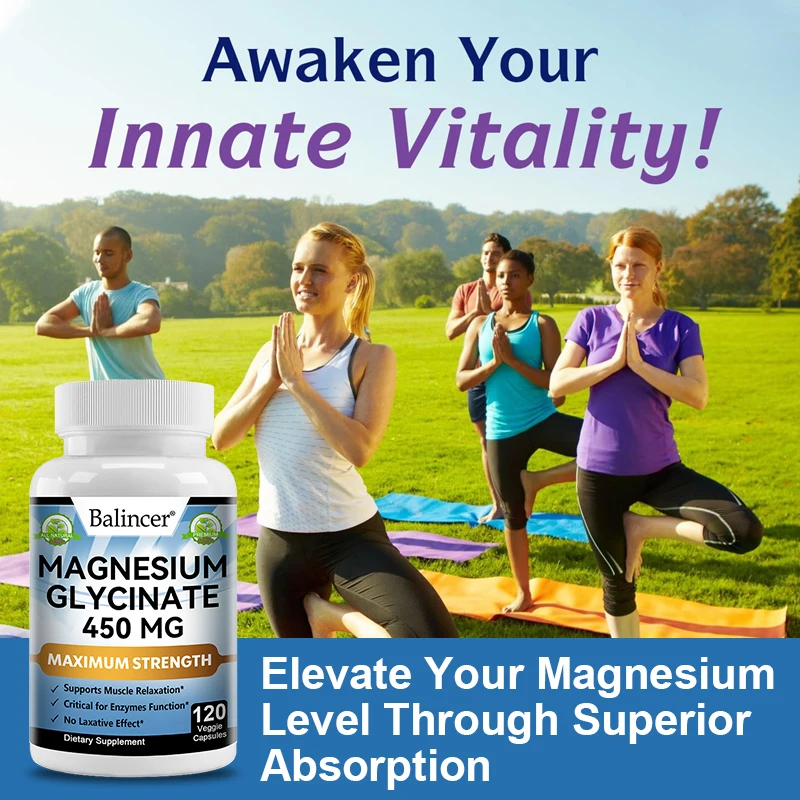 Magnesium Glycinate Supplement 450 Mg, Highly Absorbed, for Women and Men, Muscle, Enzyme Function, Non-GMO Vegetable Capsules