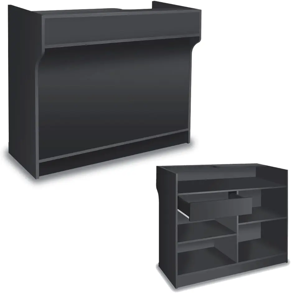 Free-Standing Black Melamine Register Stand, With Adjustable Shelves, Pull-Out Drawer, And Check Writing Area - Available Maple