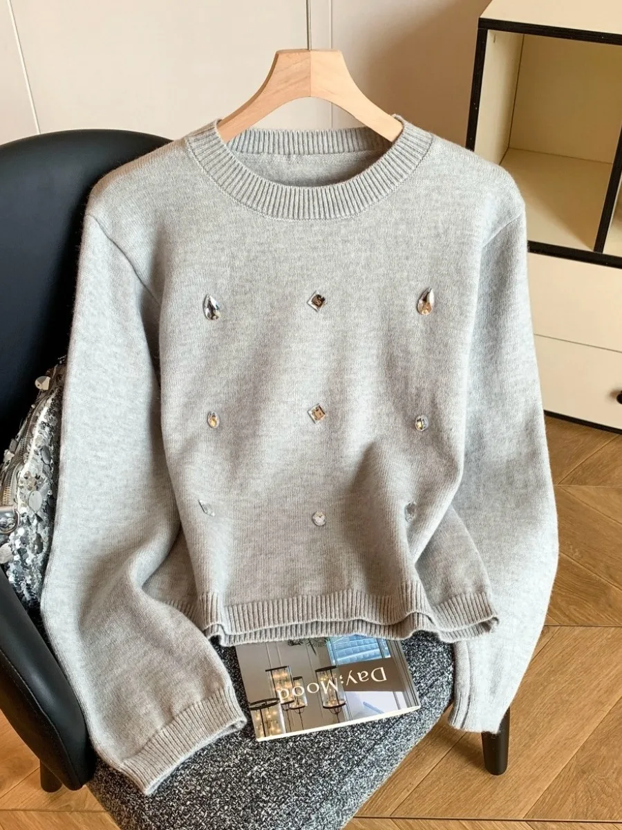 

Sweet Sle Women's round Ne Pullover Sweater ay Diamond Decoration Inner Wear Casual Autumn Winter Faion Simple Design